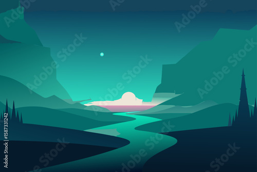 night landscape with mountains and sea