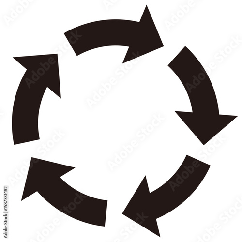 5つの矢印が回転するシンプルな回転矢印1（サイクル矢印）　黒　単体