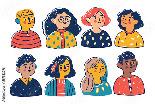 Smiling Faces: A delightful collection of eight diverse cartoon individuals with unique and endearing expressions, capturing the essence of human connection and individuality.