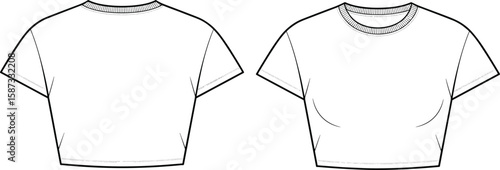 Flat sketch of women’s fitted crop t-shirt, short sleeves, technical fashion design, front and back view, template outline vector