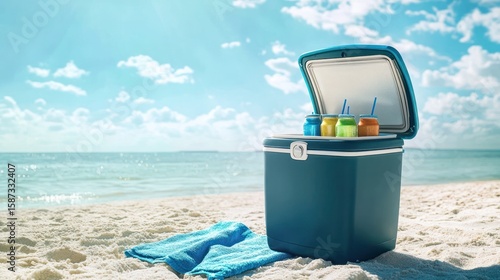 A cooler box filled with colorful drinks sits on a sandy beach next to a blue towel, offering a refreshing summer vibe with the ocean and sky in the background.