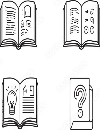 Four illustrations of open books and a document with a question mark on a white background
