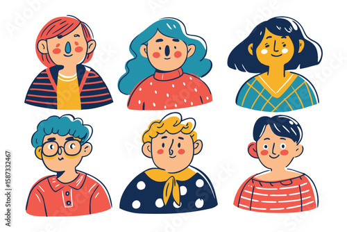 Portrait Ensemble: A vibrant collection of illustrated faces, each radiating unique character, representing diversity and individuality with a touch of artistic flair.