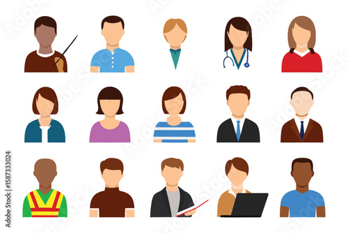 Diverse Professional Avatars: A vibrant array of minimalist avatars representing various professions and demographics. 