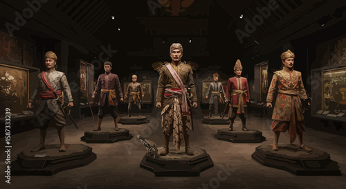 Statues of Balinese rulers in traditional attire exhibited inside a museum hall