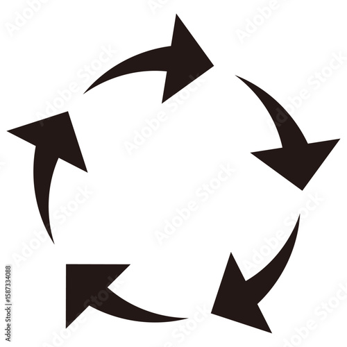 5つの矢印が回転するシンプルな回転矢印2（サイクル矢印）　黒　単体