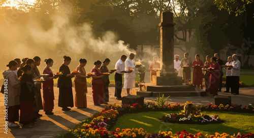 Buddhist devotees offering food at a temple in a serene and spiritual atmosphere