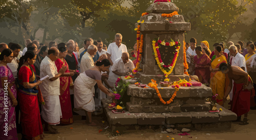 People gather to pay respects during a traditional Hindu festival ceremony