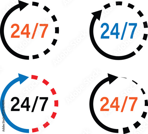 24/7 Support Icons Set In Flat Style use for Apps and Websites.