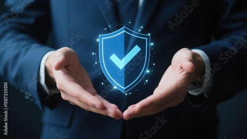 A person in a dark suit and white shirt is surrounded by a blue - glowing shield with a tick, held by hands, conveying an atmosphere of safety and protection.
