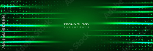 Green technology background with glowing horizontal light streaks and dotted halftone pattern. Modern futuristic digital design, ideal for tech, sci-fi, or innovation themes.