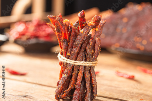 Beef strips, finely chopped beef jerky