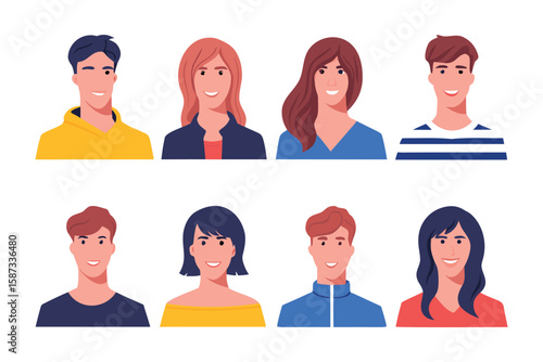 Diverse Faces: An array of eight cartoon faces showcases a spectrum of cheerful expressions and hairstyles, embodying diversity and youthful energy.