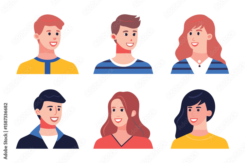 Character Diversity: A collection of six diverse characters, each with unique features, expressing their individual charm in a vector-style illustration, inviting exploration and personalization. Character Diversity: A collection of six diverse characters, each with unique features, expressing their individual charm in a vector-style illustration, inviting exploration and personalization.