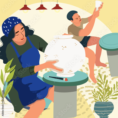 Pottery composition in flat design. Hand drawn vector illustration .