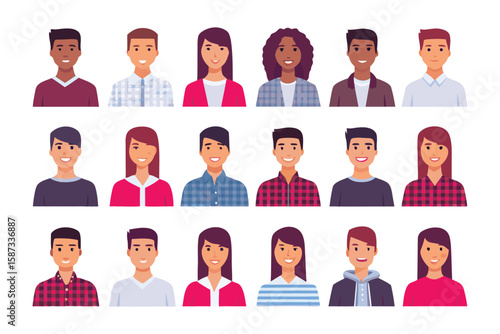 Faces of Diversity: A collection of vibrant portraits showcasing the faces of diverse people, each with unique features, hair, and expressions, representing a spectrum of cultures and identities.