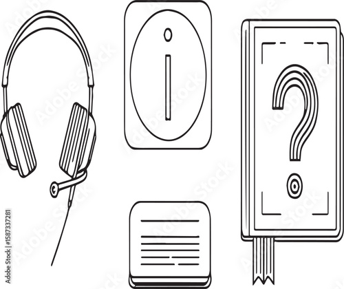 Outline illustration of headset, information icon, text, and book with question mark on a gray background