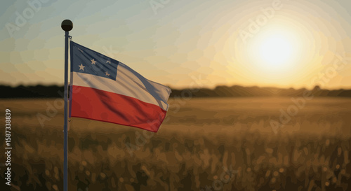 Mississippi state flag at sunset, waving against a golden field landscape