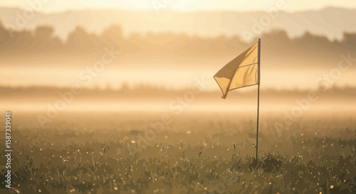 Serene Morning on the Golf Course: Golden Flag in the Mist at Sunrise
