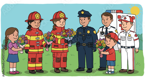Children Giving Flowers to First Responders