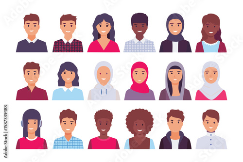 Diverse People: A collection of diverse people, each one expressing unique individuality in a modern flat design.