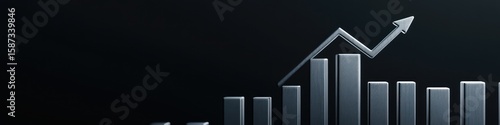 Silver bar graph with an upward trending arrow showcases business growth and financial success, ideal for illustrating market analysis and positive economic performance.