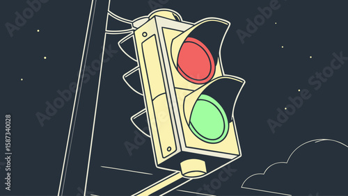 Nighttime Traffic Signal Vector Illustration with Urban Streetlight Glow


