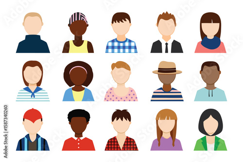 Diverse Avatar Set: A collection of diverse and faceless avatars representing a variety of ethnicities, genders, and hairstyles. Perfect for user profiles, website design, or app development.