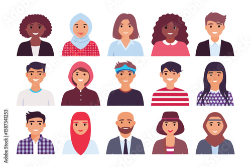 Global Faces: A diverse collection of illustrated faces representing different ethnicities and cultures, showcasing the beauty of human diversity and unity. 