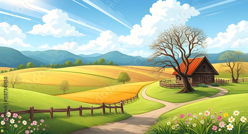 rural landscape with green field and blue sky