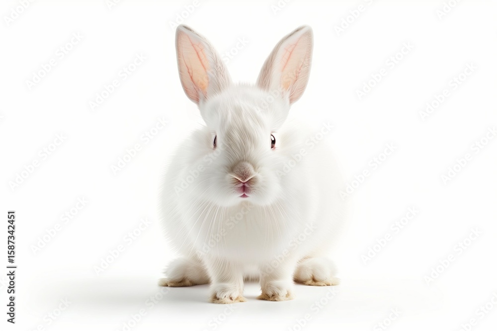 Fototapeta premium Fluffy white bunny rabbit facing camera, long ears up, clean white studio background, photorealistic, isolated.