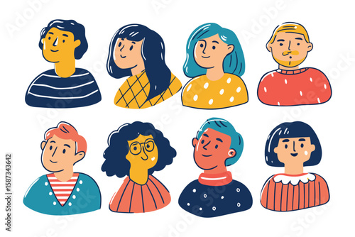 Colorful Faces: A set of vibrant illustrations showcasing a diverse array of individuals, each with a unique appearance, highlighting individuality and community