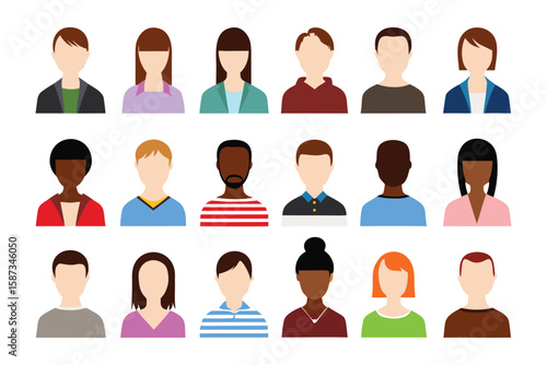 Diverse Faces: A collection of various simplified avatars showcasing diversity in gender, ethnicity, and appearance, representing a spectrum of individuality and promoting inclusivity.