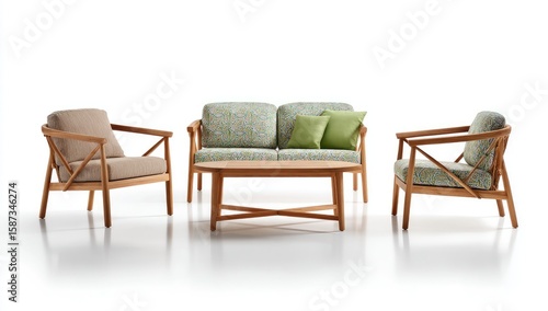 Wooden living room set, light beige fabric