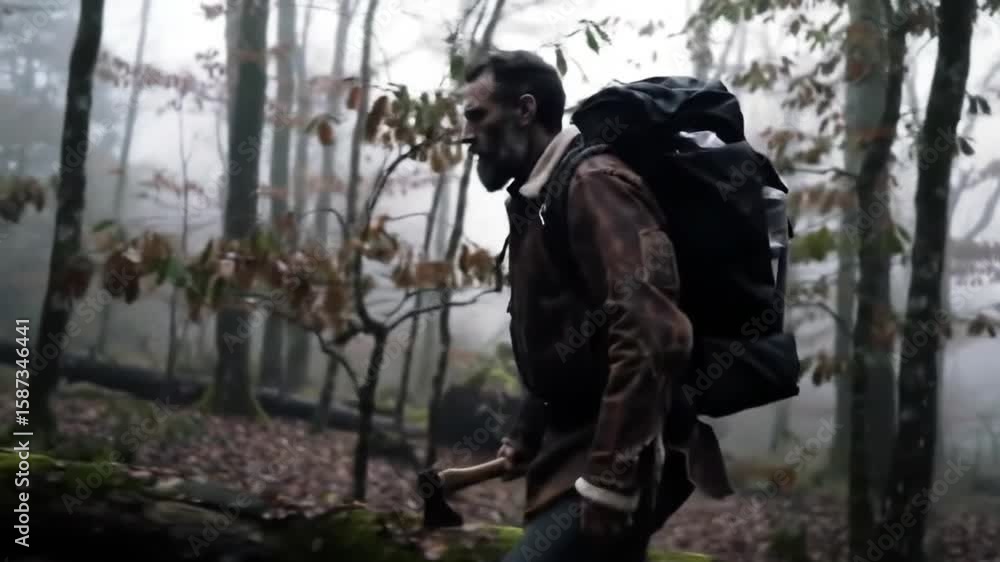 A hiker navigates through a dense, misty forest during the early morning. The scene showcases a blend of nature's tranquility and the challenge of the terrain A hiker navigates through a dense, misty forest during the early morning. The scene showcases a blend of nature's tranquility and the challenge of the terrain