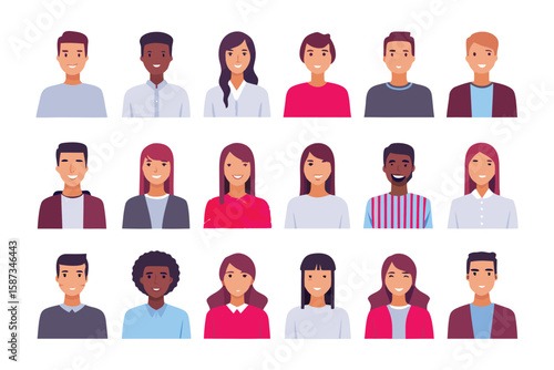 Diverse Portraits Collection: A vibrant set of diverse individuals' portraits, offering a glimpse into varied expressions and styles, perfect for illustrating themes of inclusivity, community.