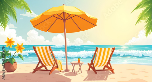 beach scene with chair and umbrella, beach chair umbrella illustration, seaside chair and umbrella, summer beach relaxation scene, sandy beach chair, ocean beach umbrella, beach vacation illustration,