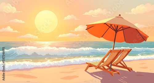 beach scene with chair and umbrella, beach chair umbrella illustration, seaside chair and umbrella, summer beach relaxation scene, sandy beach chair, ocean beach umbrella, beach vacation illustration,