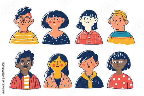 Diverse Portrait Collection: A vibrant collection of cartoon portraits showcasing a variety of individuals with unique characteristics and expressions, each designed with distinctive styles.