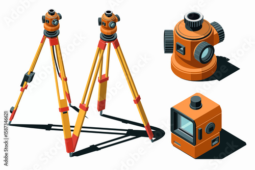 Isometric illustration featuring two surveying instruments on tripods, a level, and a square prism, all in orange and yellow.