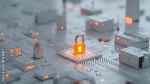 An orange padlock sits atop a microchip on a white circuit board with glowing accents. Concept for cybersecurity solutions, data encryption, and system protection for cloud computing