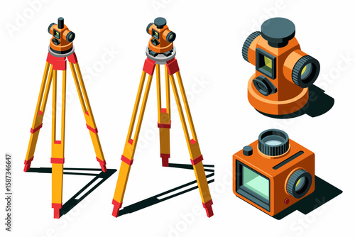 Isometric illustration featuring two surveying tripods with mounted instruments and two standalone surveying tools, all in orange and yellow.