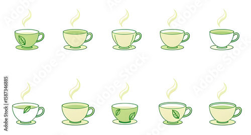 Green teacups, Bamboo tea tray, Ceramic teapot, Tea set drawing, Tea collection vector, Cozy tea set, Teaware flat design, Tea mug set