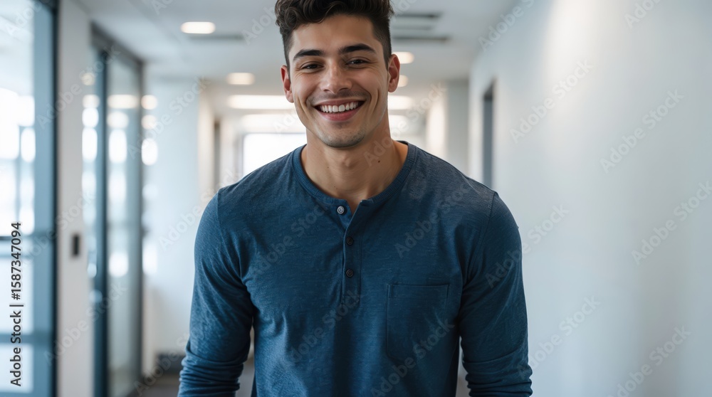 Fototapeta premium Happy young man in office corridor. Confident smiling handsom male worker standing indoor