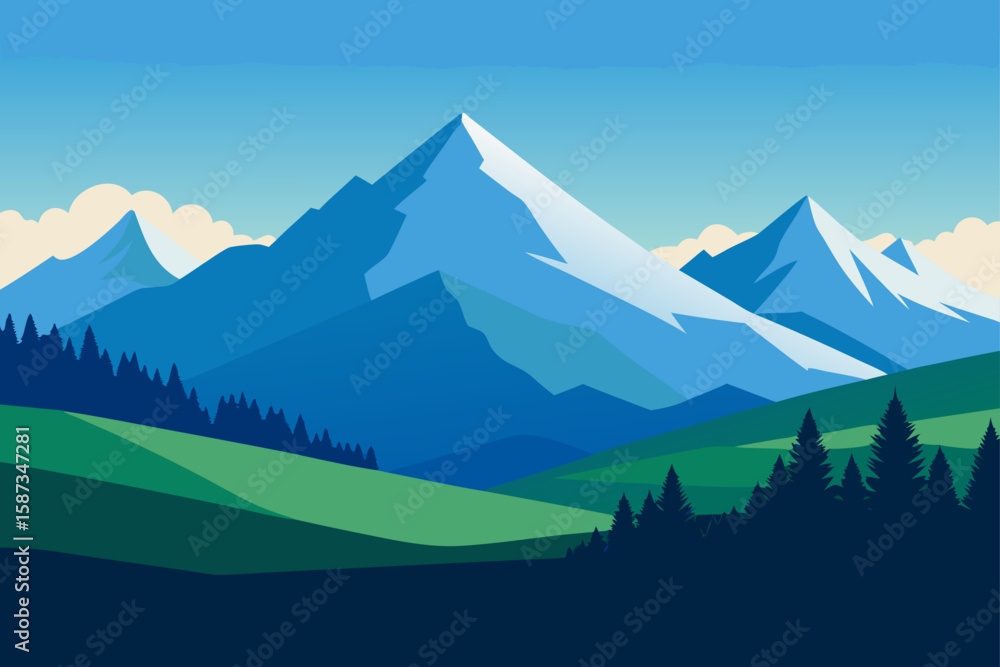 Fototapeta premium A serene winter mountain landscape with snow-covered peaks, green forests, and a clear blue sky