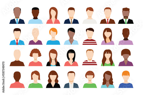 Diverse Digital Avatars: A comprehensive collection of minimalist digital avatars, representing a diverse range of individuals, each embodying a unique persona and background.