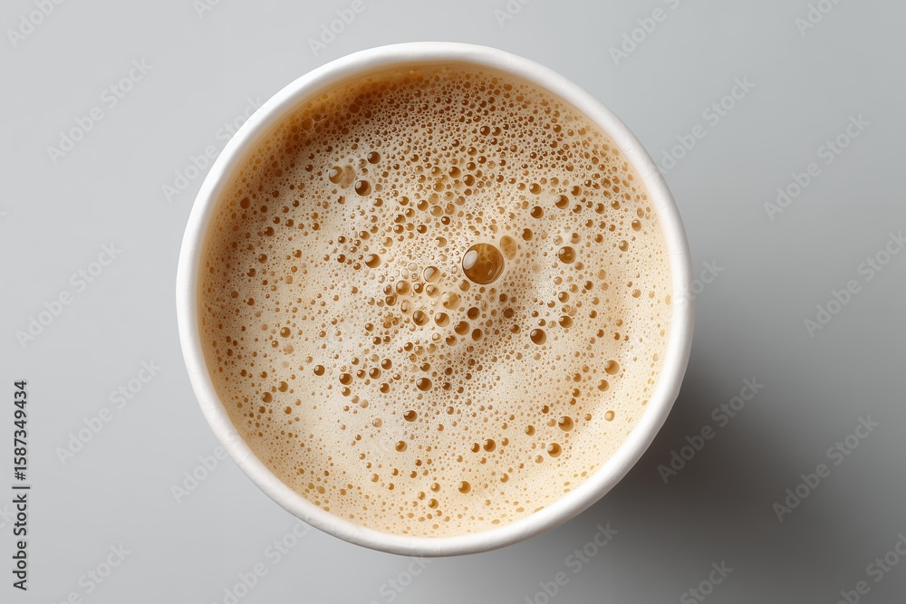 Fototapeta premium Aerial shot capturing a cup filled with frothy cappuccino against a neutral gray background, concept for warm beverage promotion, cafe menu design and coffee break advertisement
