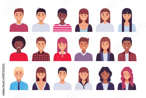 Diverse Avatar Set: A vibrant collection of cartoon avatars showcasing a variety of individuals from different backgrounds and characteristics. Perfect for design and illustration needs