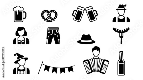 Collection of oktoberfest icons including beer food and traditional clothing isolated on white background