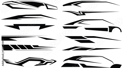 Sport Car Decal Stripes Vector Set Featuring Finish Flag Stickers, Racing Lines, and White Markings on Black Background Ideal for Vehicle Tuning and Motorsport Graphics

